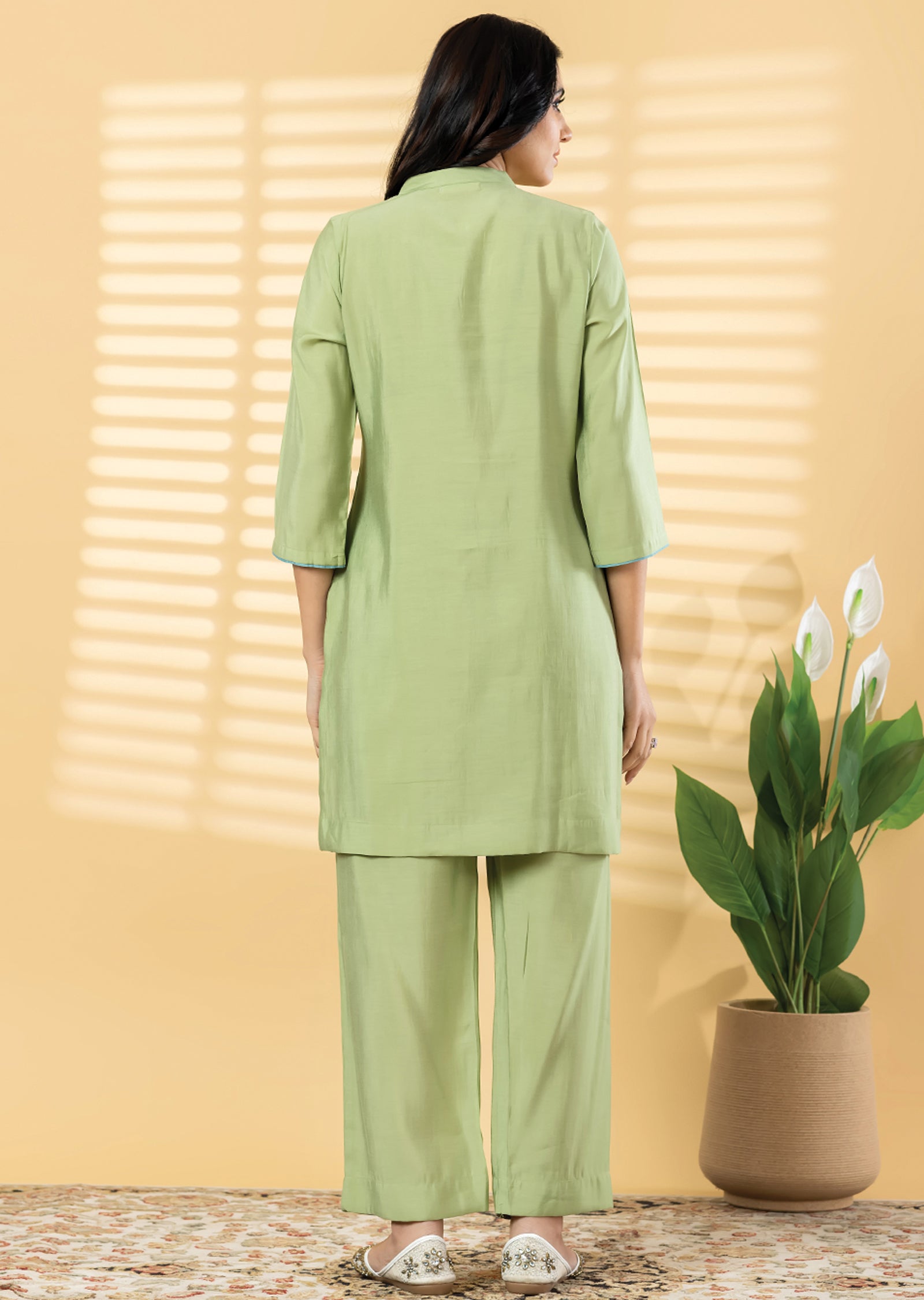 Pista Green Dola Silk Straight cut Kurti set