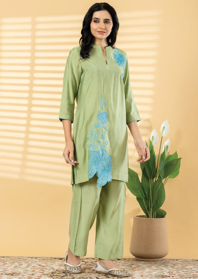 Pista Green Dola Silk Straight cut Kurti set