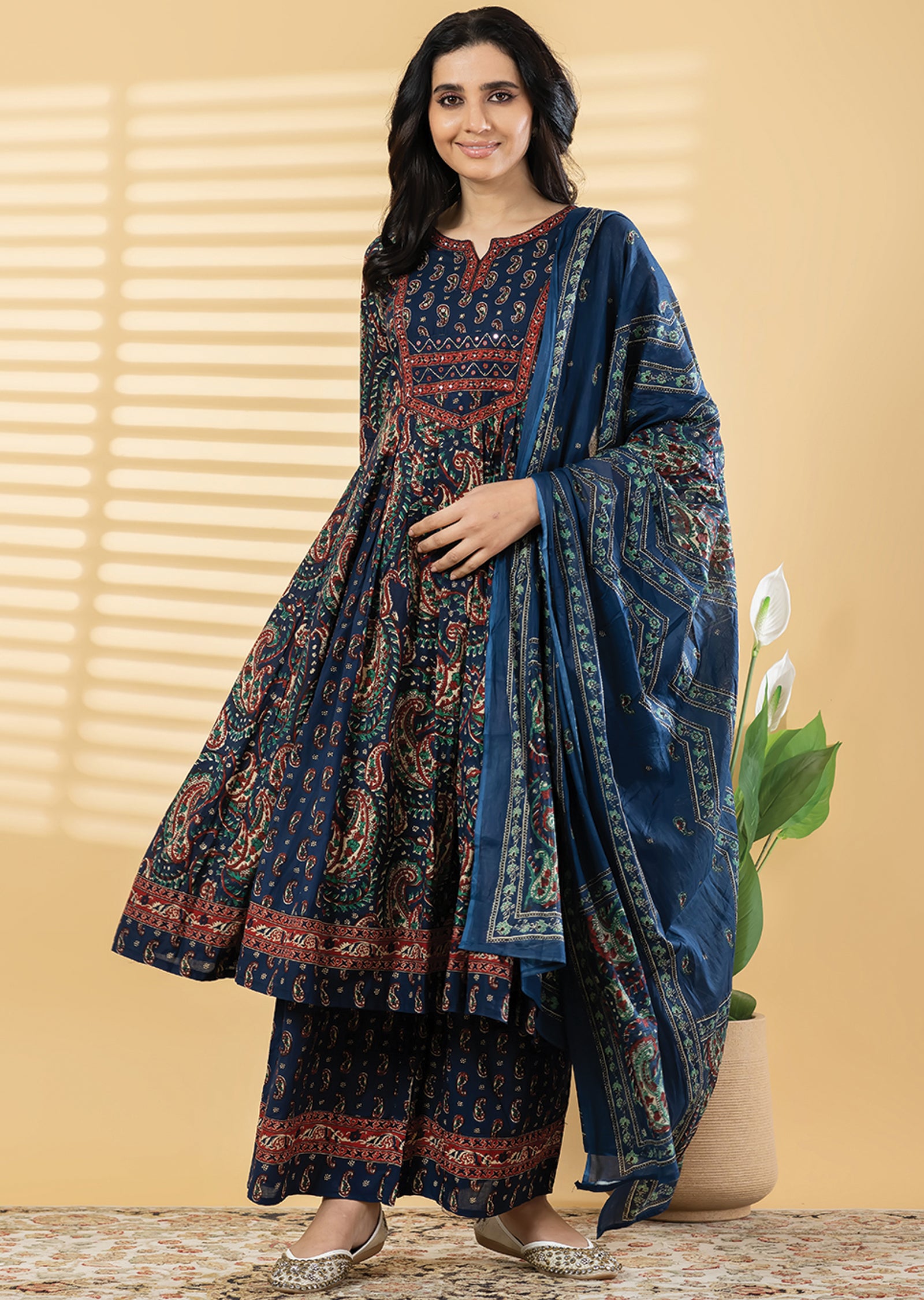 Navy Blue Cotton Anarkali Suit