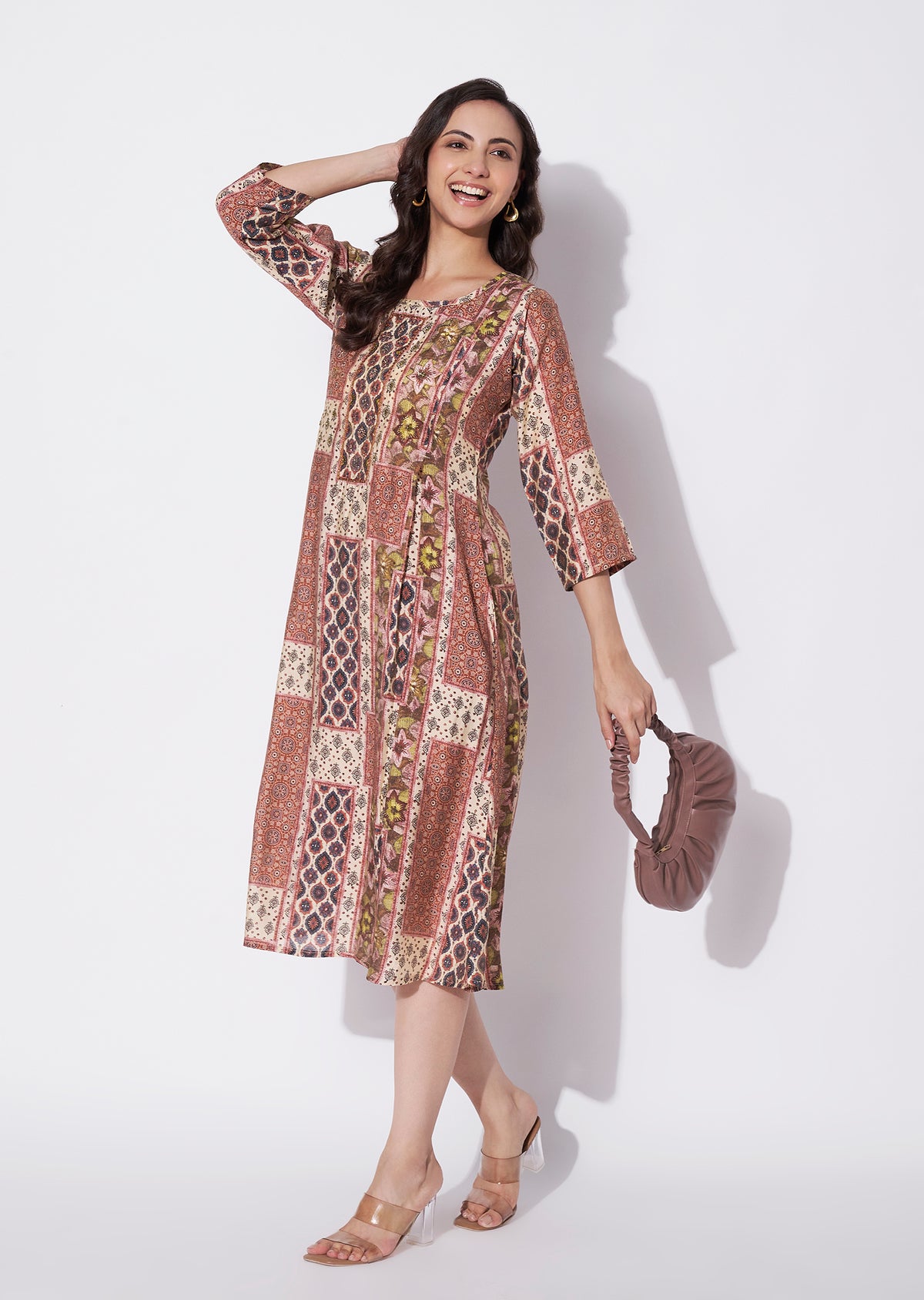 Beige Muslin Frock Style kurti