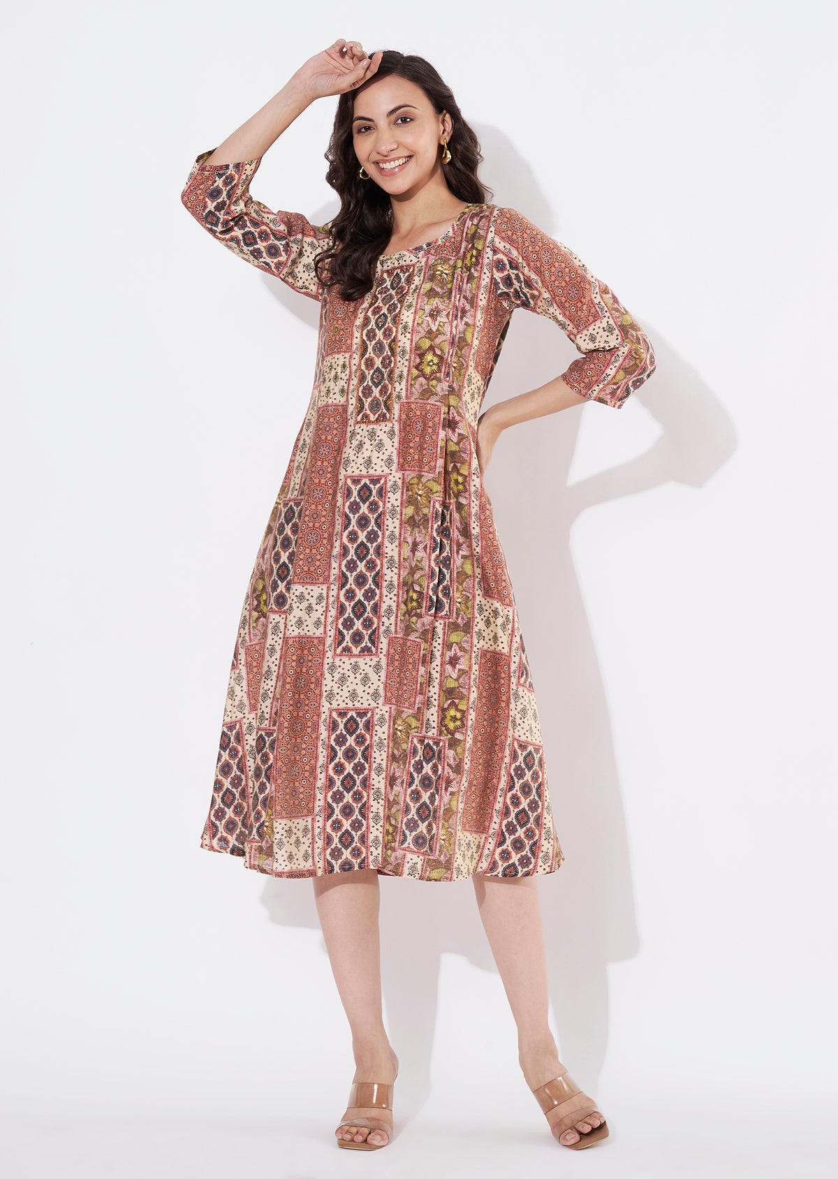 Beige Muslin Frock Style kurti