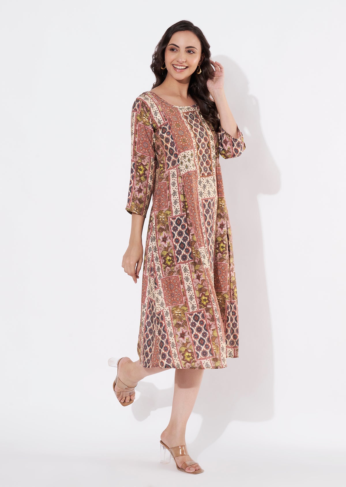 Beige Muslin Frock Style kurti