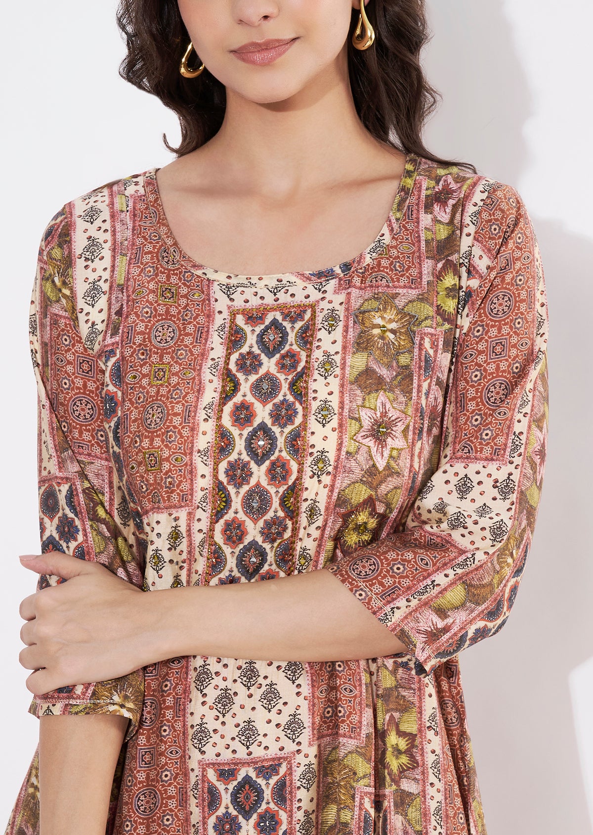 Beige Muslin Frock Style kurti