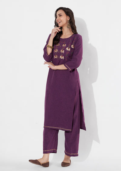 Wine Polynesian Straight cut Kurti set
