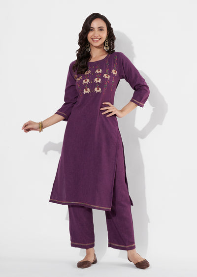 Wine Polynesian Straight cut Kurti set