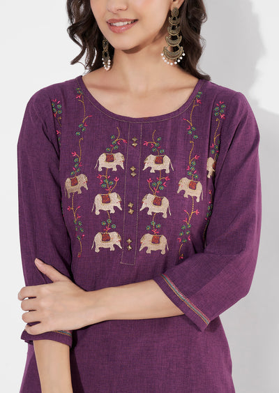 Wine Polynesian Straight cut Kurti set
