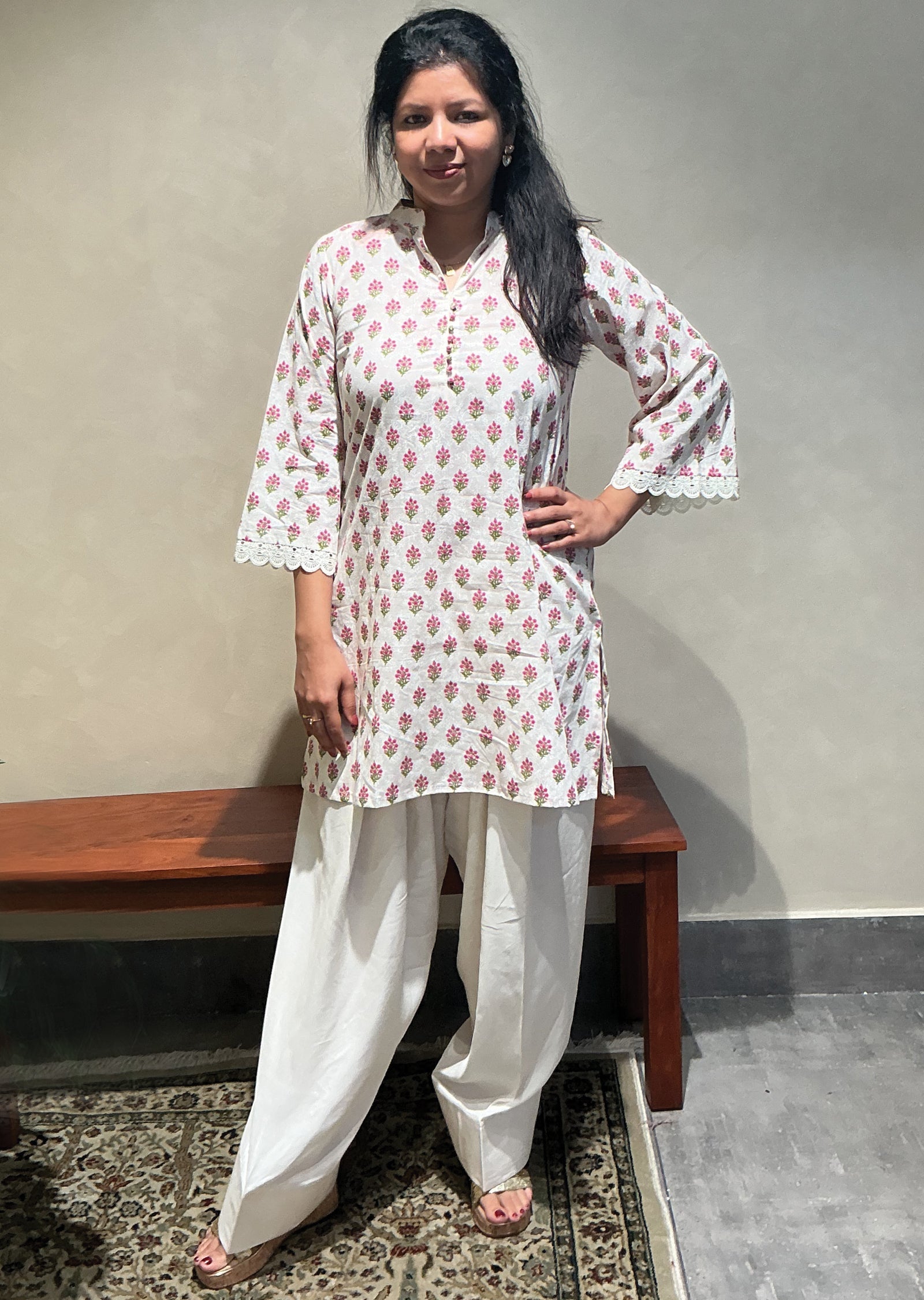 Cream & pink Mul Cotton Kurti Set