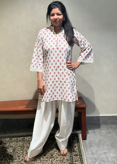 Cream & pink Mul Cotton Kurti Set