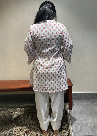 Cream & pink Mul Cotton Kurti Set