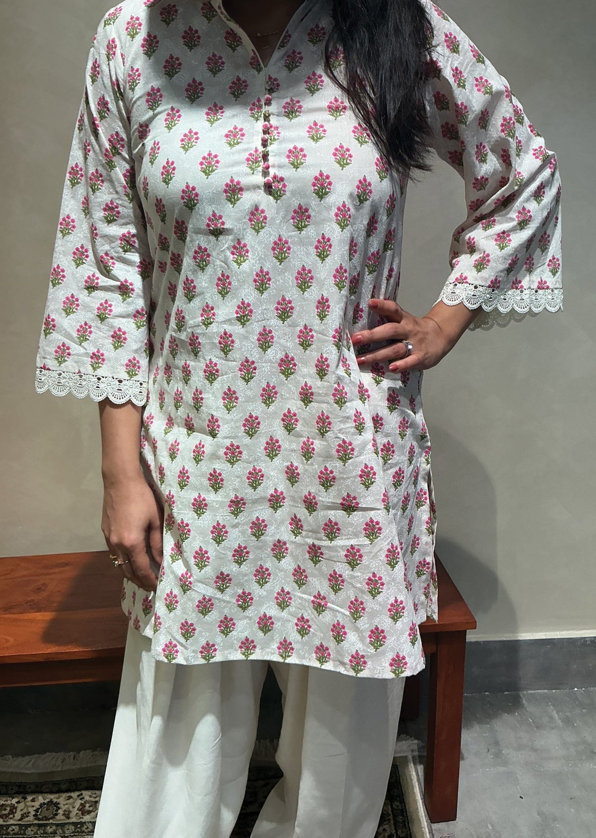 Cream & pink Mul Cotton Kurti Set