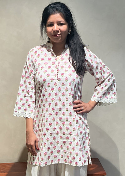 Cream & pink Mul Cotton Kurti Set