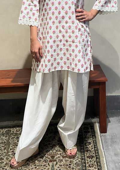 Cream & pink Mul Cotton Kurti Set