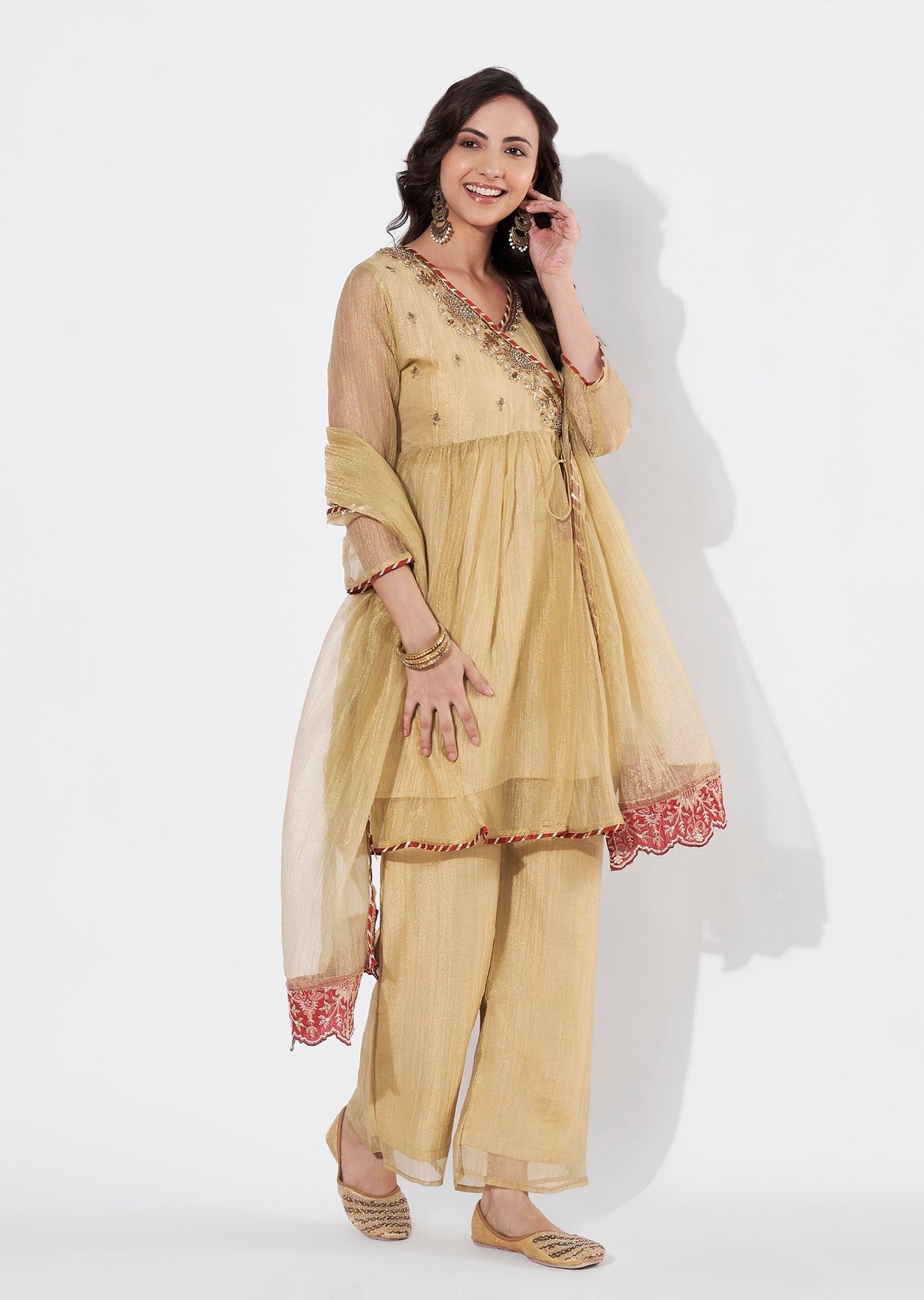 Gold Tissue Anarkali suit