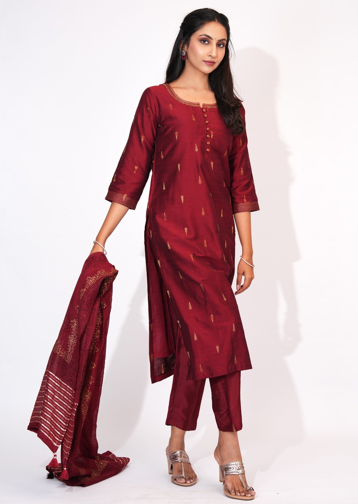 Maroon Silk Straight cut suit