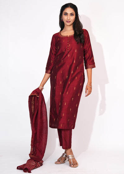 Maroon Silk Straight cut suit