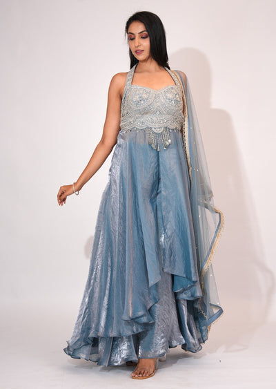 Dusty Blue Front open Anarkali suit