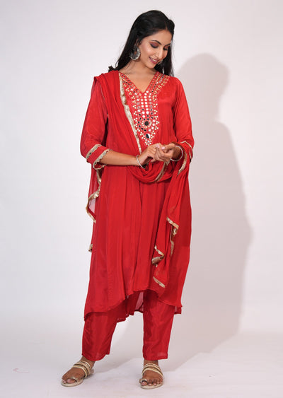Red Chinnon Anarkali suit