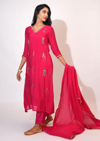 Rani Pink Mul Chanderi Anarkali suit