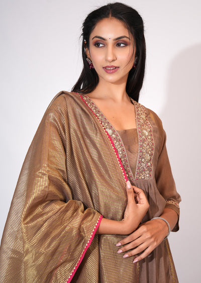 Brown Mul Chanderi Anarkali suit