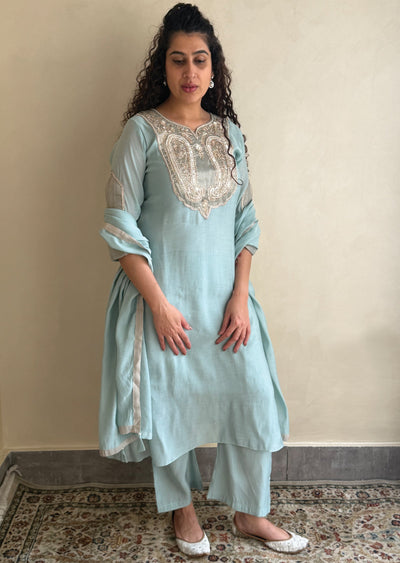 dusty Blue Mul Chanderi Anarkali Suit