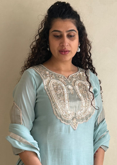dusty Blue Mul Chanderi Anarkali Suit