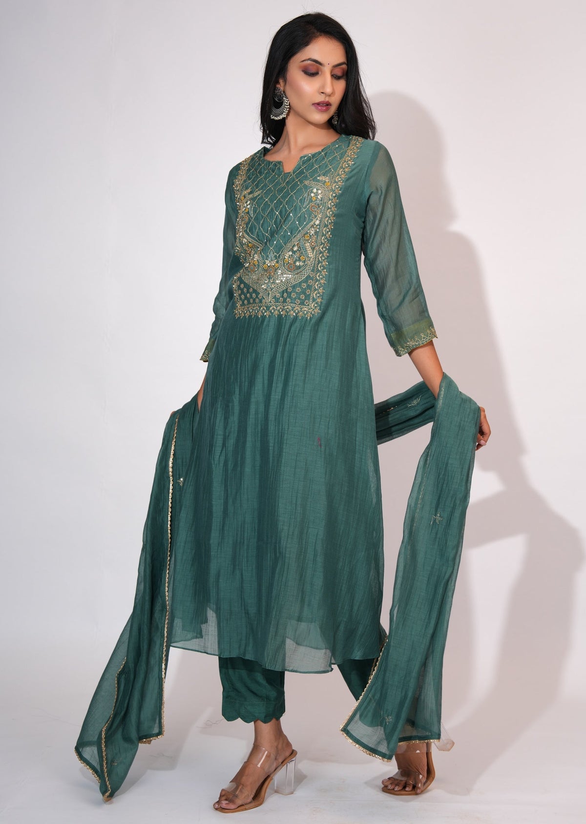 Dusty Green Mul Chanderi Anarkali suit