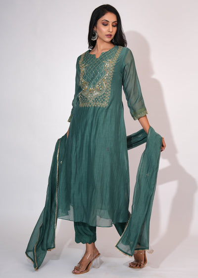 Dusty Green Mul Chanderi Anarkali suit