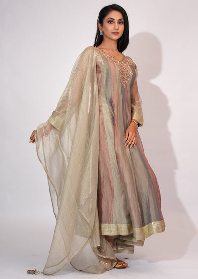 Brown Tissue Anarkali suit