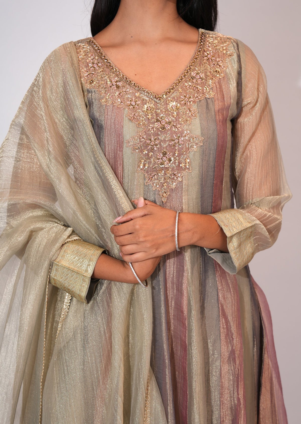 Brown Tissue Anarkali suit
