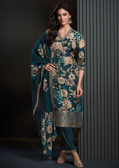 Teal Blue Silk Straight cut suit