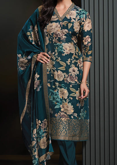 Teal Blue Silk Straight cut suit