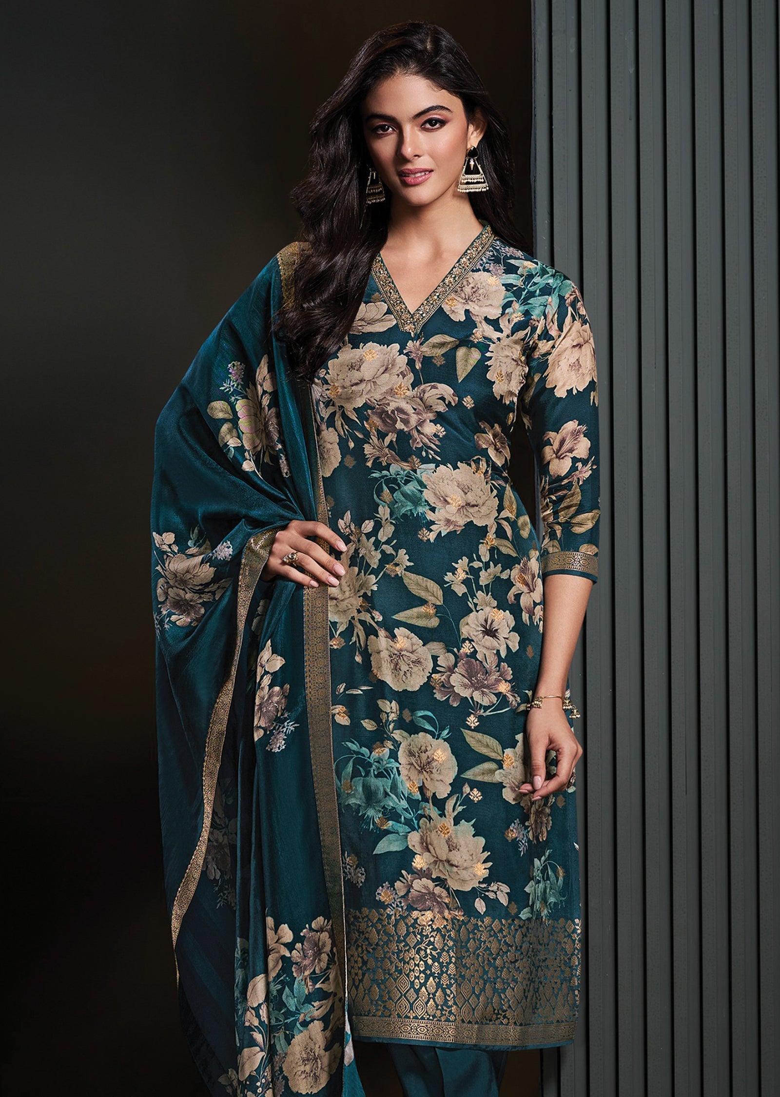 Teal Blue Silk Straight cut suit