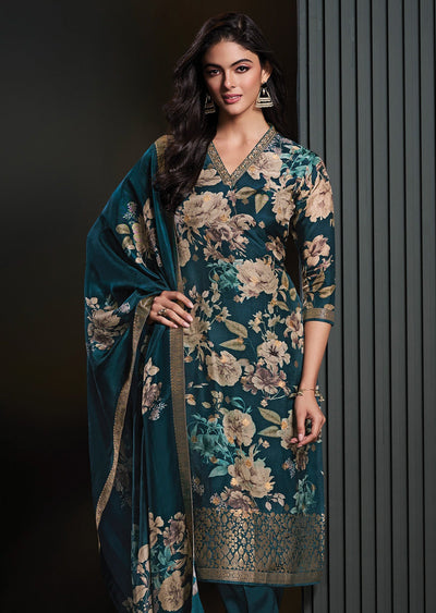 Teal Blue Silk Straight cut suit