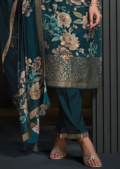 Teal Blue Silk Straight cut suit