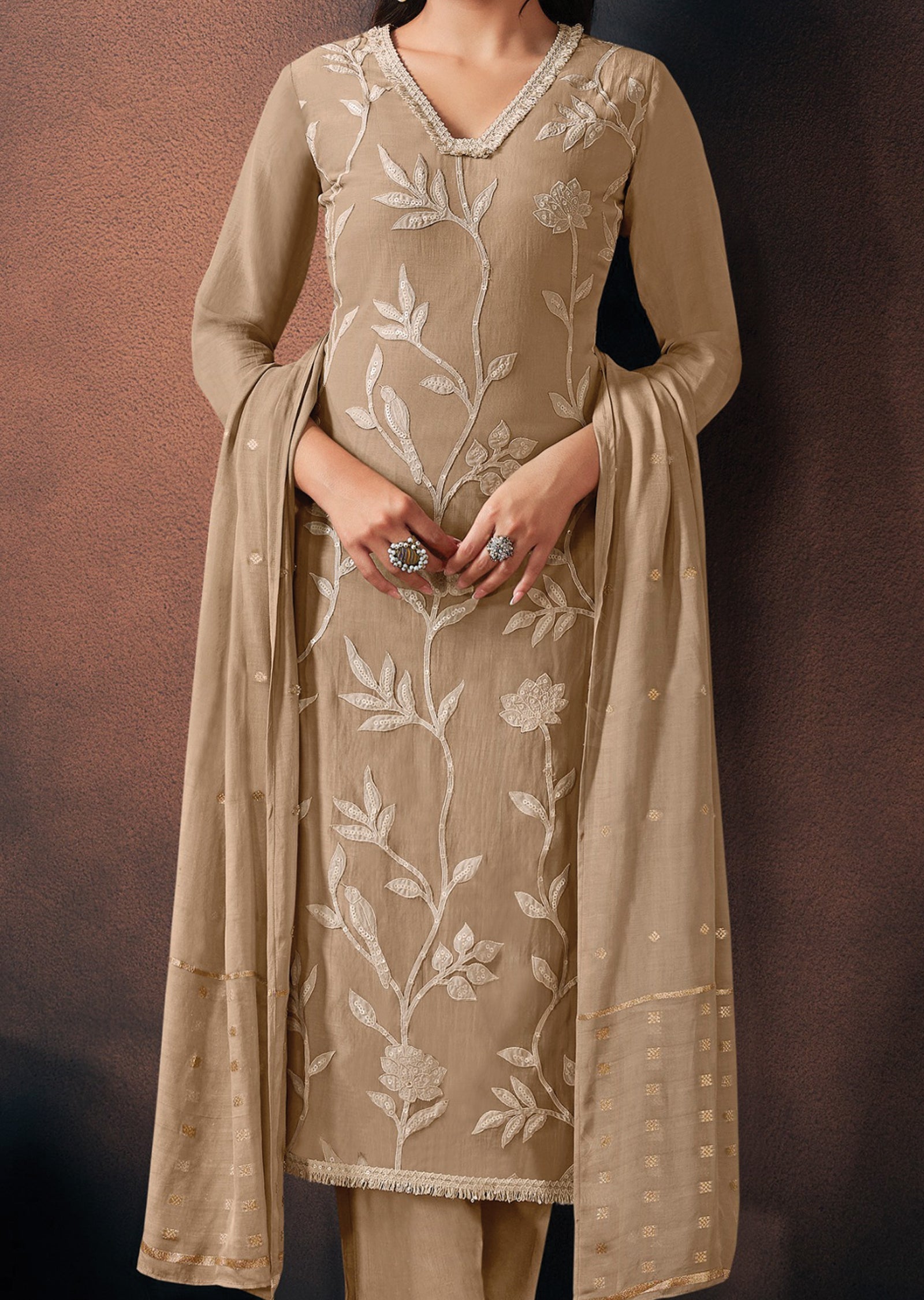 Beige Silk Straight cut suit