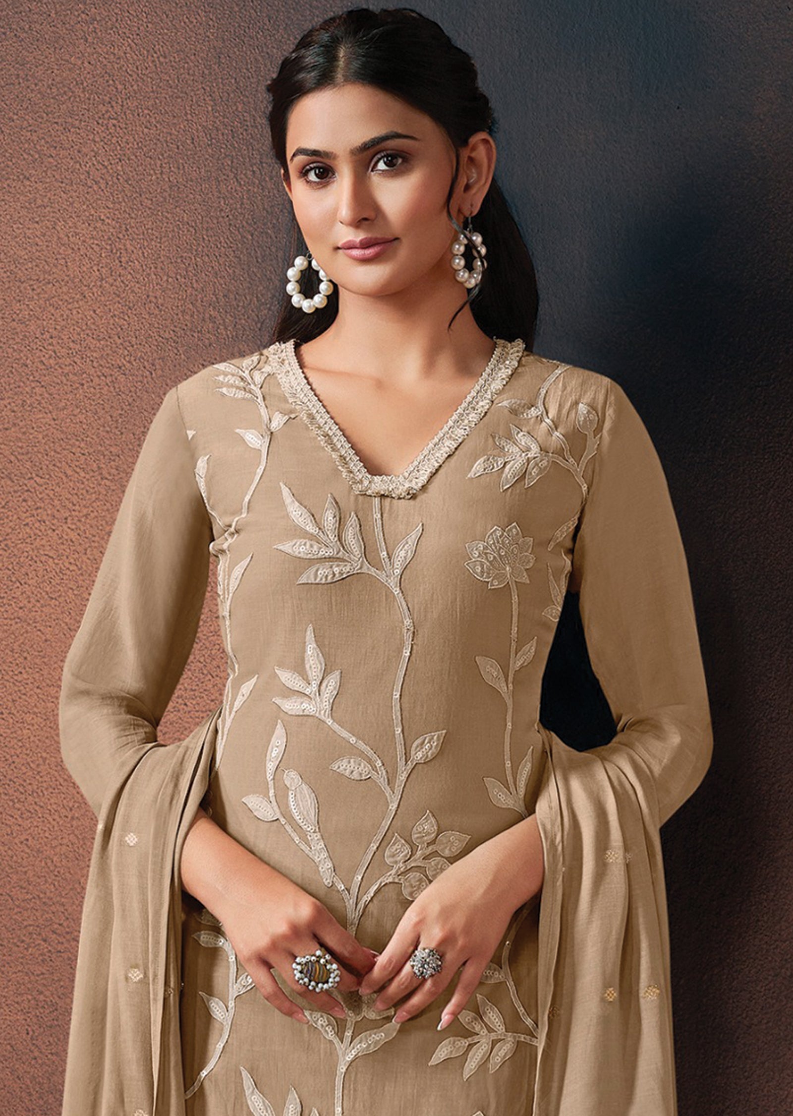 Beige Silk Straight cut suit