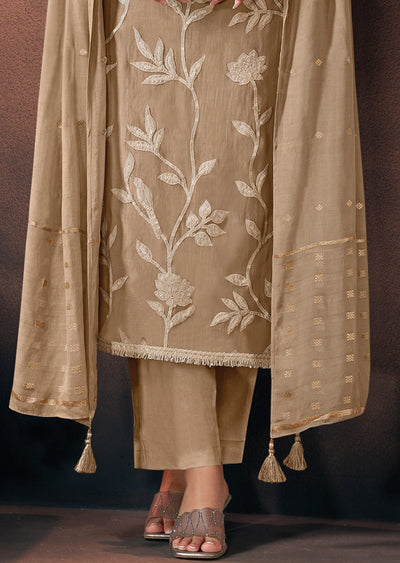 Beige Silk Straight cut suit