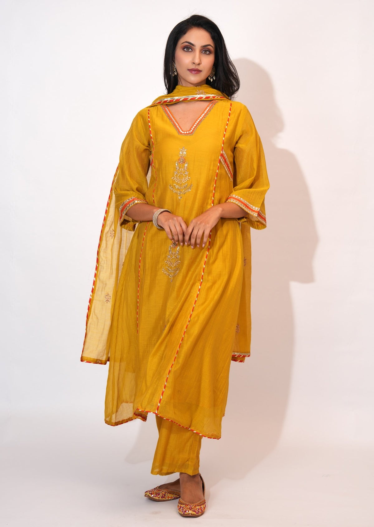 Yellow Mul Chanderi Anarkali suit
