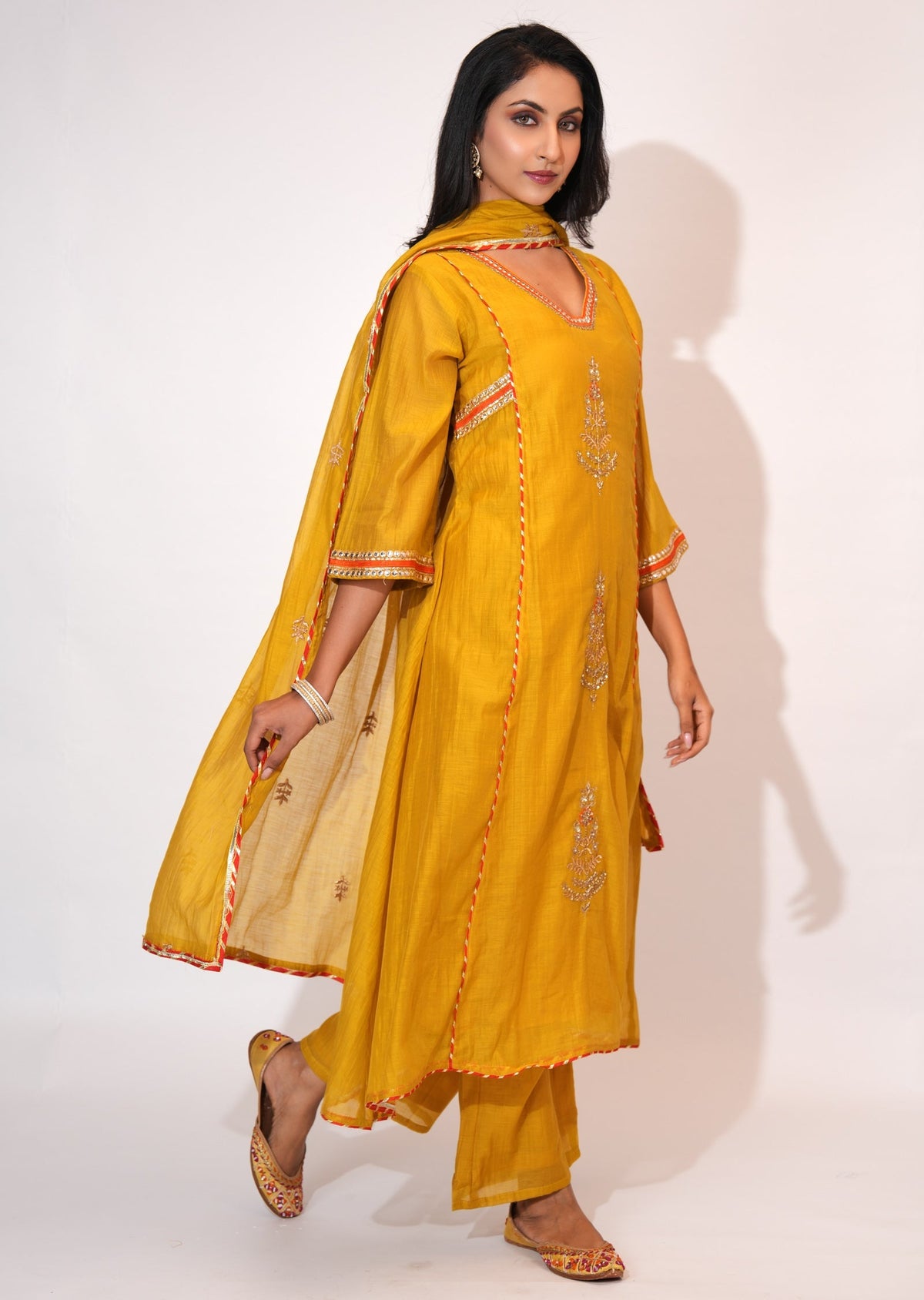 Yellow Mul Chanderi Anarkali suit