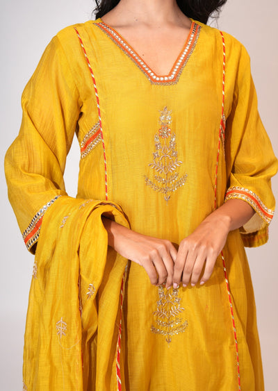 Yellow Mul Chanderi Anarkali suit
