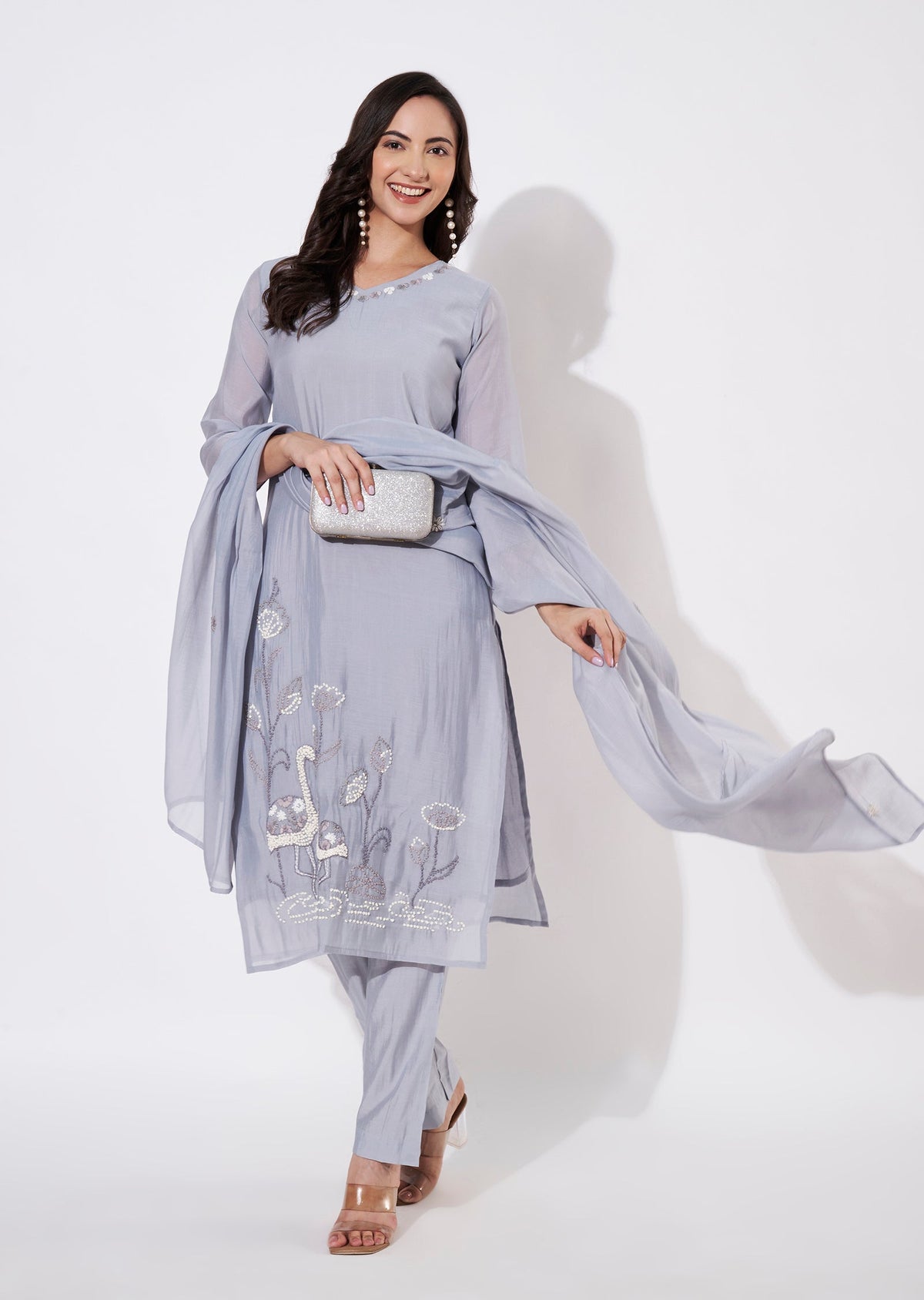 Dusty Blue Mul Chanderi Straight cut suit