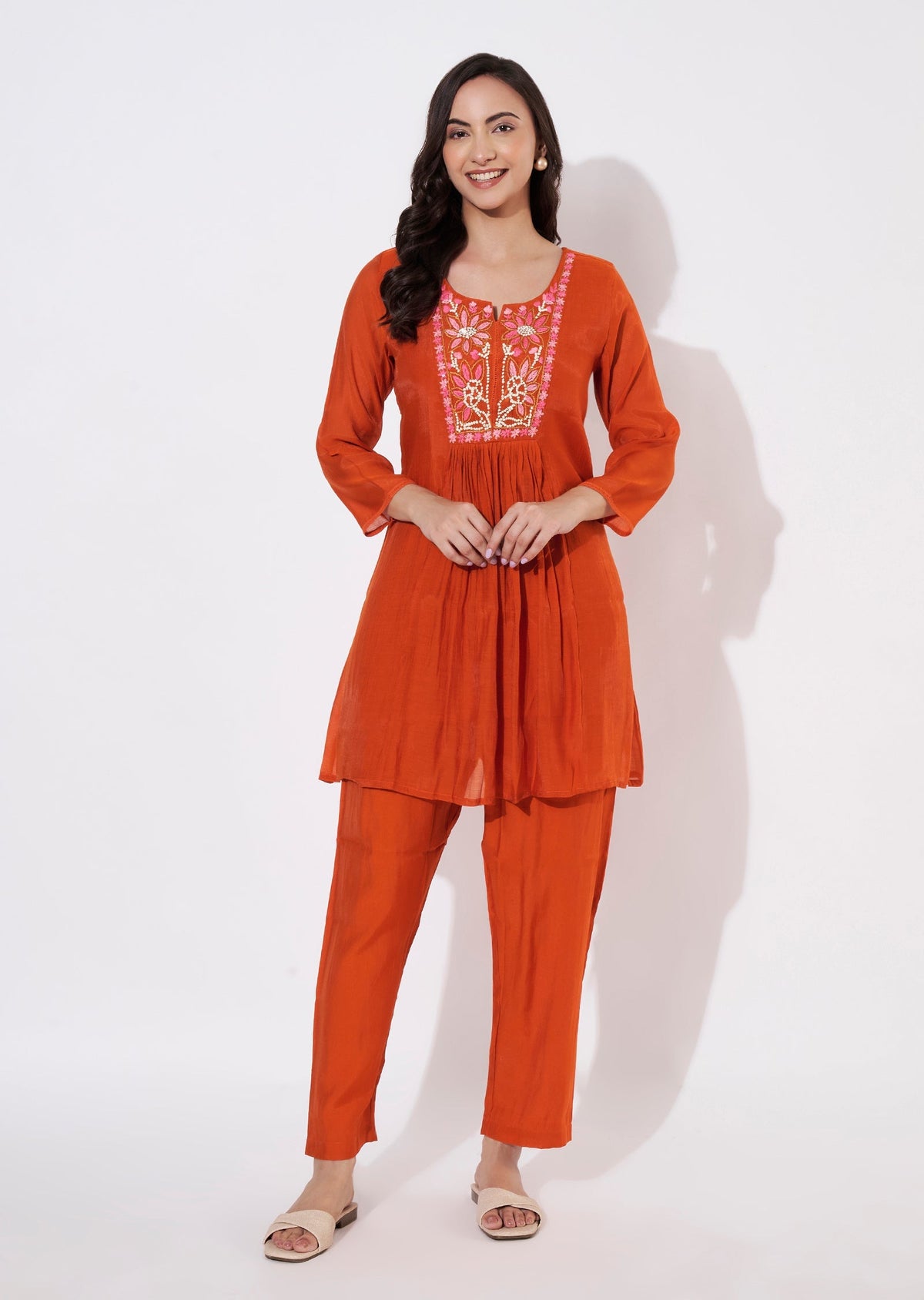 Dark Rust Muslin Short Kurti set