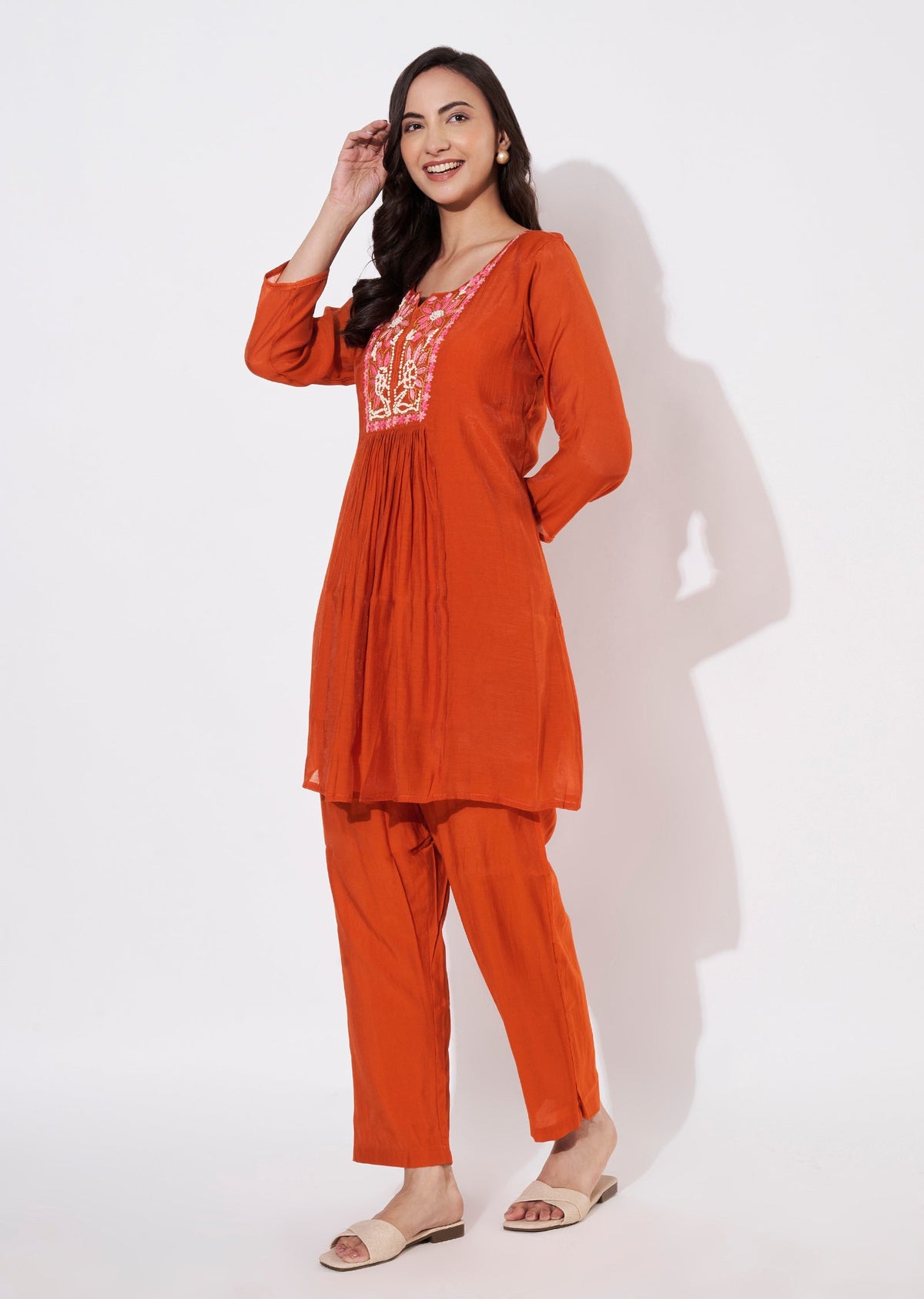 Dark Rust Muslin Short Kurti set