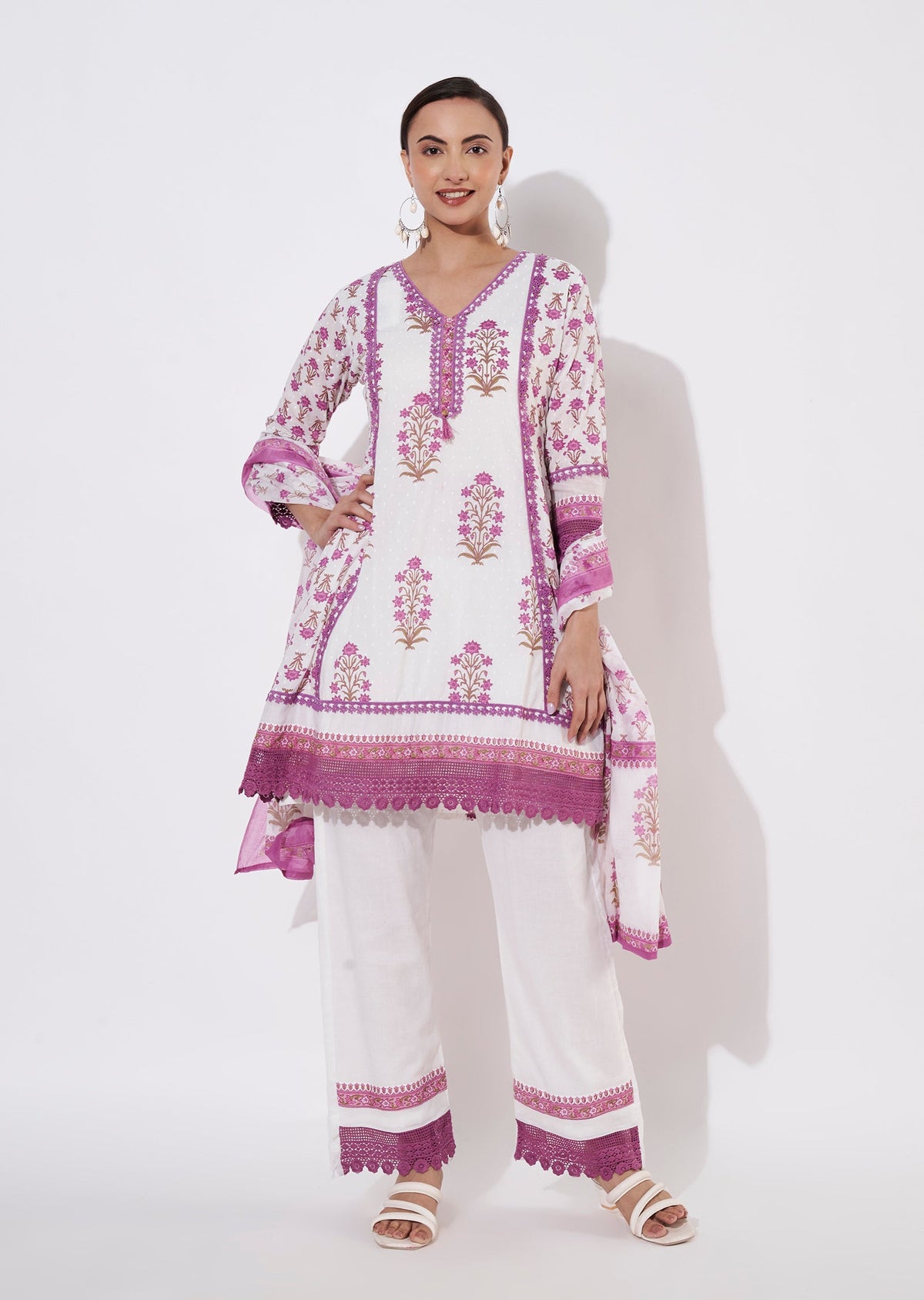 Cream & Mauve Cotton Short Anarkali suit