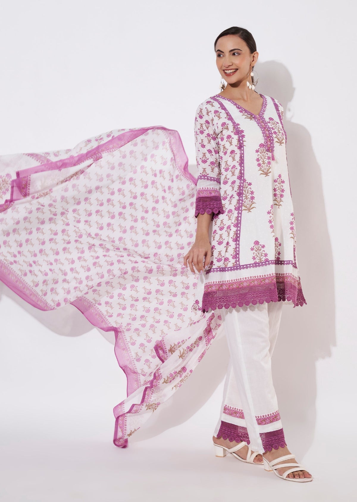 Cream & Mauve Cotton Short Anarkali suit