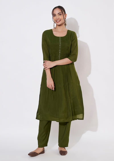 Olive Green Mul Chanderi Kurti set