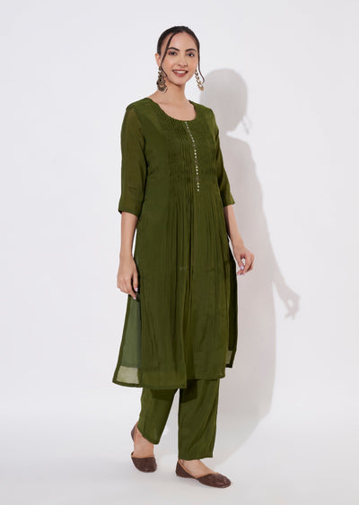 Olive Green Mul Chanderi Kurti set