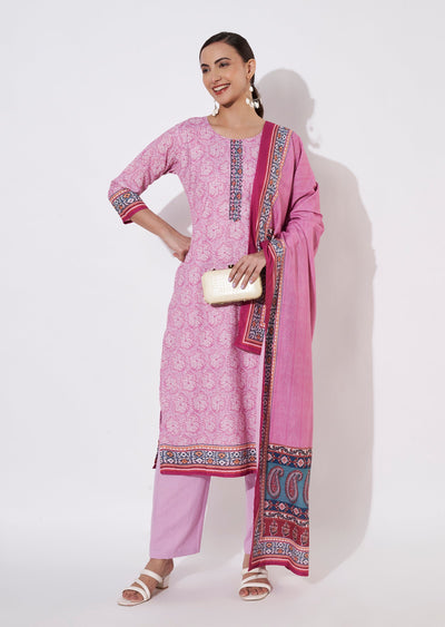 Pink Cotton Straight cut suit