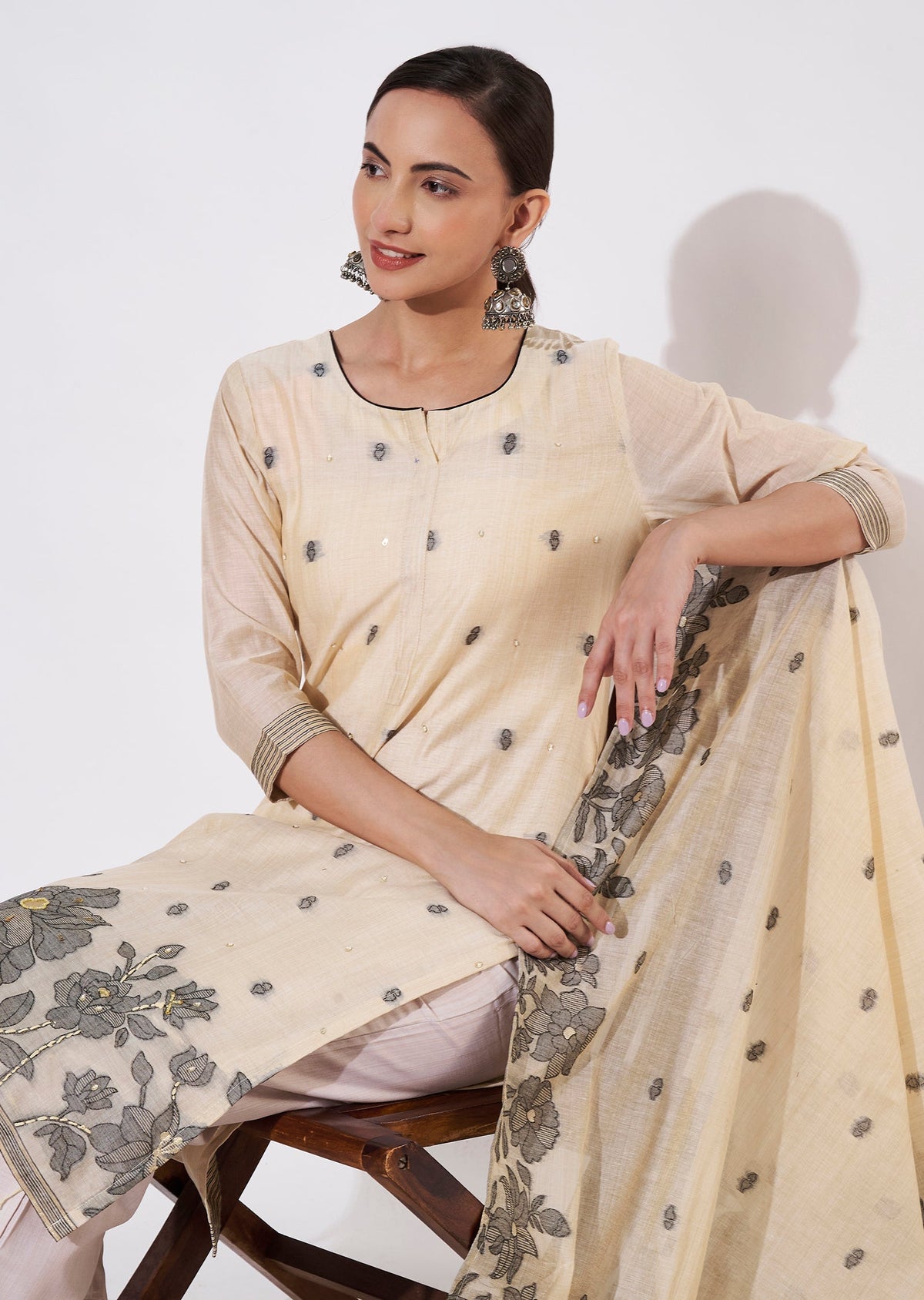 Beige Chanderi Straight cut suit
