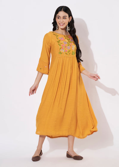 Mustard Linen Georgette Frock style kurti